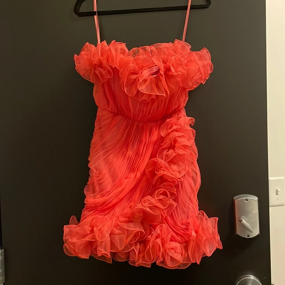 ASOS DESIGN Ruffle Mesh Red/Pink Mini Dress - Picture 2 of 7